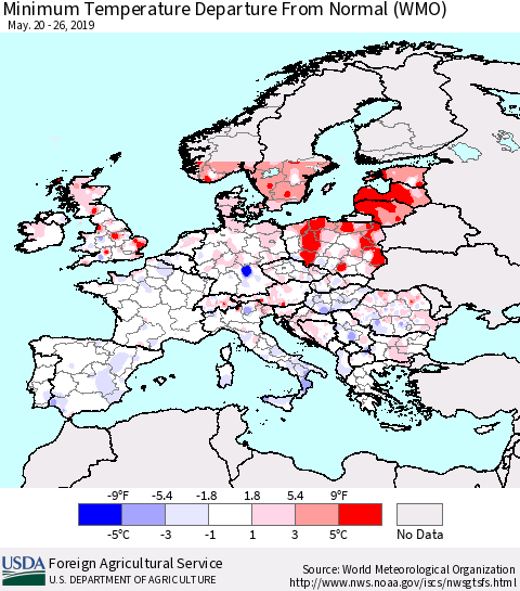 Europe Mean Minimum Temperature Departure from Normal (WMO) Thematic Map For 5/20/2019 - 5/26/2019
