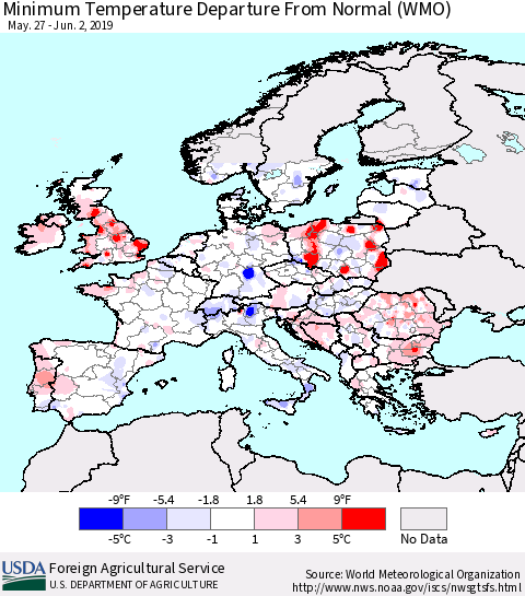 Europe Mean Minimum Temperature Departure from Normal (WMO) Thematic Map For 5/27/2019 - 6/2/2019