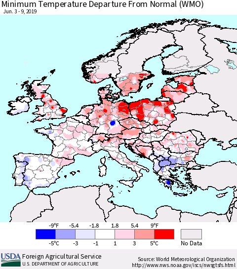 Europe Mean Minimum Temperature Departure from Normal (WMO) Thematic Map For 6/3/2019 - 6/9/2019
