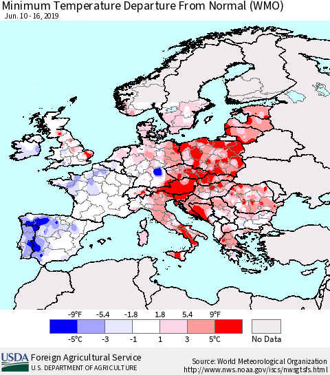Europe Mean Minimum Temperature Departure from Normal (WMO) Thematic Map For 6/10/2019 - 6/16/2019