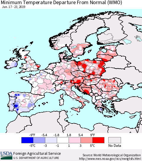 Europe Mean Minimum Temperature Departure from Normal (WMO) Thematic Map For 6/17/2019 - 6/23/2019