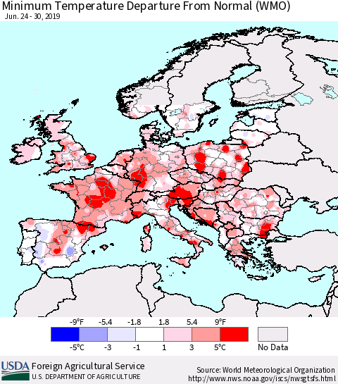Europe Mean Minimum Temperature Departure from Normal (WMO) Thematic Map For 6/24/2019 - 6/30/2019