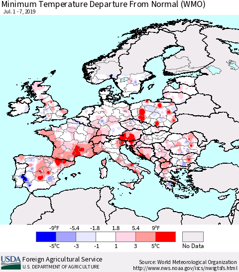 Europe Mean Minimum Temperature Departure from Normal (WMO) Thematic Map For 7/1/2019 - 7/7/2019
