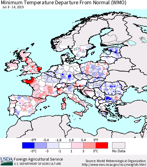 Europe Mean Minimum Temperature Departure from Normal (WMO) Thematic Map For 7/8/2019 - 7/14/2019