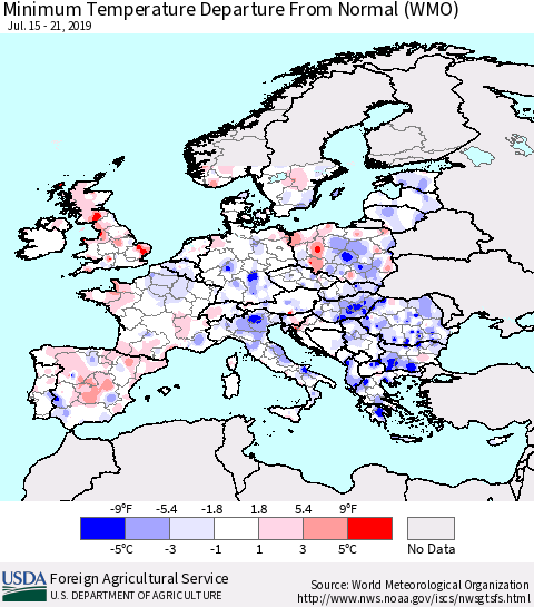 Europe Mean Minimum Temperature Departure from Normal (WMO) Thematic Map For 7/15/2019 - 7/21/2019