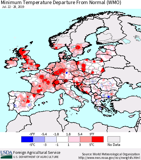 Europe Mean Minimum Temperature Departure from Normal (WMO) Thematic Map For 7/22/2019 - 7/28/2019