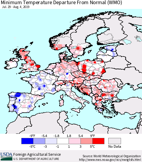 Europe Mean Minimum Temperature Departure from Normal (WMO) Thematic Map For 7/29/2019 - 8/4/2019