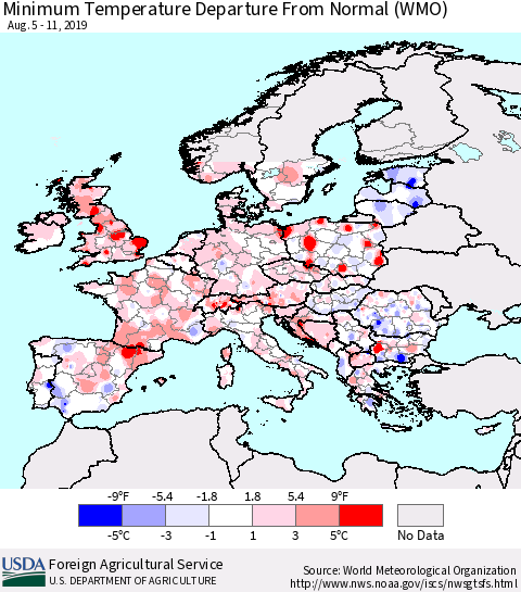 Europe Mean Minimum Temperature Departure from Normal (WMO) Thematic Map For 8/5/2019 - 8/11/2019