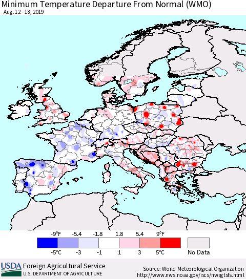 Europe Mean Minimum Temperature Departure from Normal (WMO) Thematic Map For 8/12/2019 - 8/18/2019