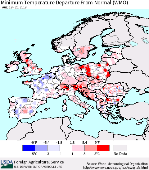 Europe Mean Minimum Temperature Departure from Normal (WMO) Thematic Map For 8/19/2019 - 8/25/2019