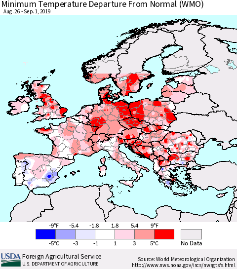 Europe Mean Minimum Temperature Departure from Normal (WMO) Thematic Map For 8/26/2019 - 9/1/2019