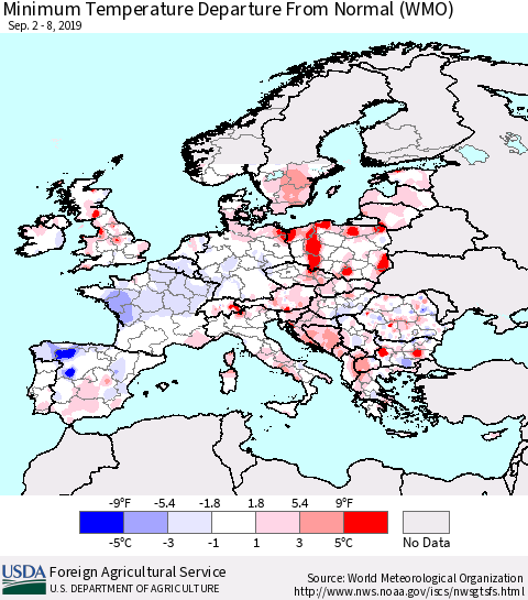 Europe Mean Minimum Temperature Departure from Normal (WMO) Thematic Map For 9/2/2019 - 9/8/2019