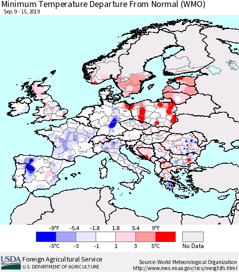 Europe Mean Minimum Temperature Departure from Normal (WMO) Thematic Map For 9/9/2019 - 9/15/2019
