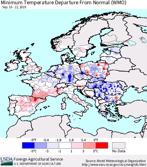 Europe Mean Minimum Temperature Departure from Normal (WMO) Thematic Map For 9/16/2019 - 9/22/2019
