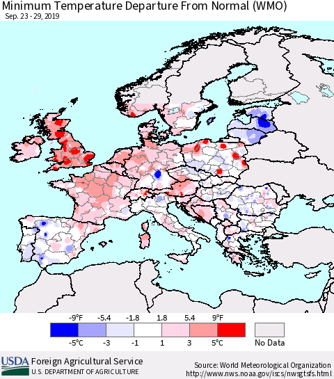 Europe Mean Minimum Temperature Departure from Normal (WMO) Thematic Map For 9/23/2019 - 9/29/2019