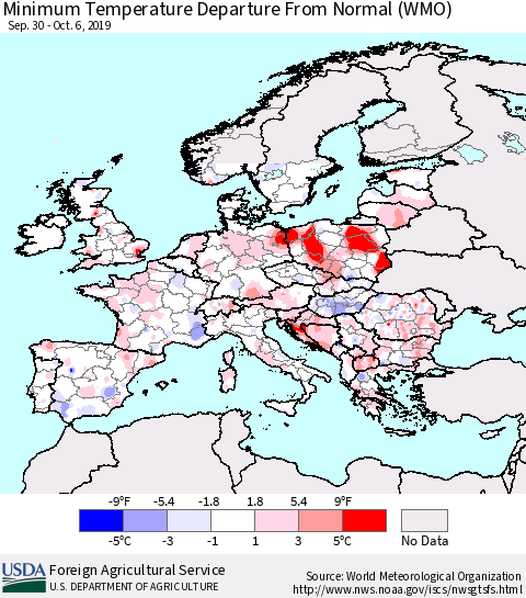 Europe Mean Minimum Temperature Departure from Normal (WMO) Thematic Map For 9/30/2019 - 10/6/2019