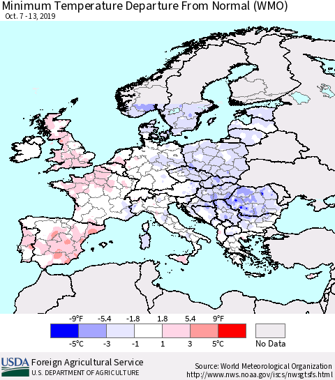 Europe Mean Minimum Temperature Departure from Normal (WMO) Thematic Map For 10/7/2019 - 10/13/2019