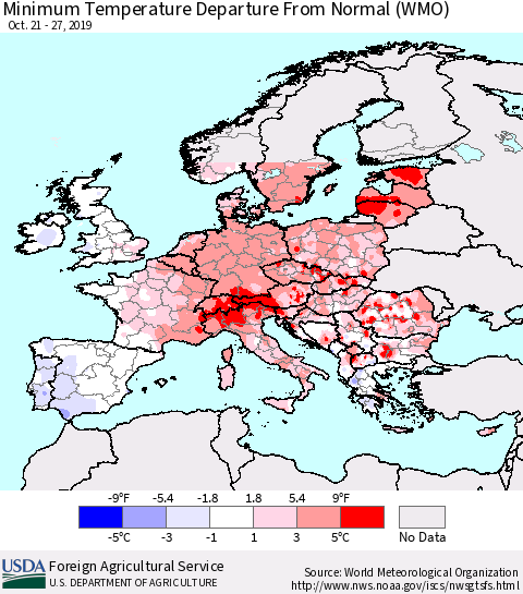 Europe Mean Minimum Temperature Departure from Normal (WMO) Thematic Map For 10/21/2019 - 10/27/2019