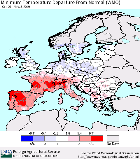 Europe Mean Minimum Temperature Departure from Normal (WMO) Thematic Map For 10/28/2019 - 11/3/2019