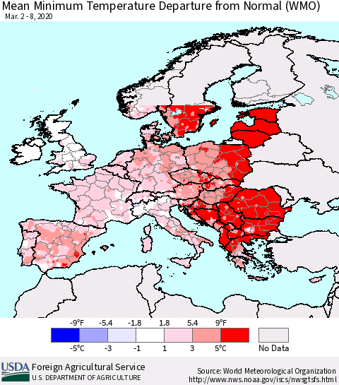 Europe Mean Minimum Temperature Departure from Normal (WMO) Thematic Map For 3/2/2020 - 3/8/2020