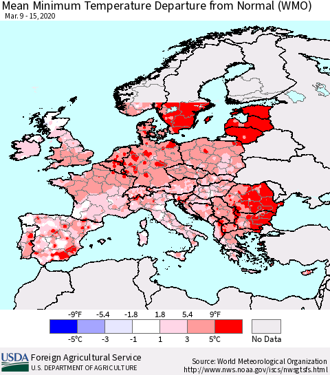 Europe Mean Minimum Temperature Departure from Normal (WMO) Thematic Map For 3/9/2020 - 3/15/2020