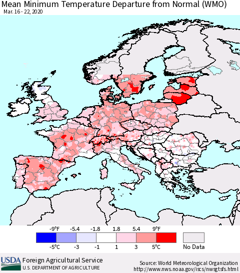 Europe Mean Minimum Temperature Departure from Normal (WMO) Thematic Map For 3/16/2020 - 3/22/2020