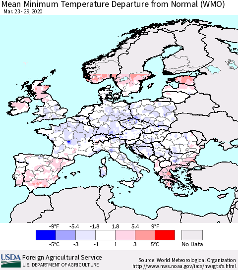 Europe Mean Minimum Temperature Departure from Normal (WMO) Thematic Map For 3/23/2020 - 3/29/2020