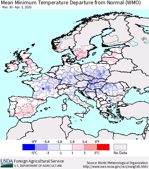 Europe Mean Minimum Temperature Departure from Normal (WMO) Thematic Map For 3/30/2020 - 4/5/2020