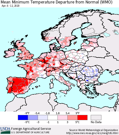 Europe Mean Minimum Temperature Departure from Normal (WMO) Thematic Map For 4/6/2020 - 4/12/2020
