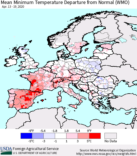 Europe Mean Minimum Temperature Departure from Normal (WMO) Thematic Map For 4/13/2020 - 4/19/2020