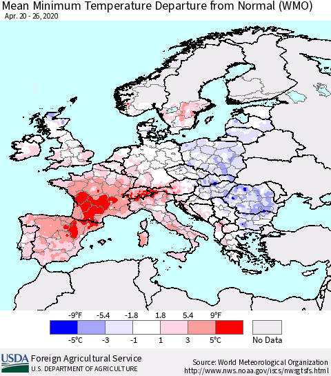 Europe Mean Minimum Temperature Departure from Normal (WMO) Thematic Map For 4/20/2020 - 4/26/2020
