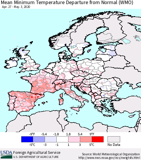 Europe Mean Minimum Temperature Departure from Normal (WMO) Thematic Map For 4/27/2020 - 5/3/2020