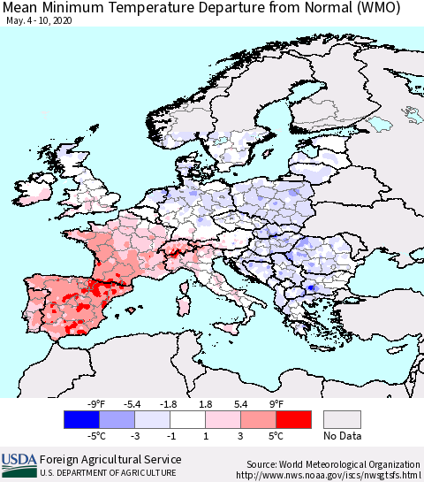 Europe Mean Minimum Temperature Departure from Normal (WMO) Thematic Map For 5/4/2020 - 5/10/2020