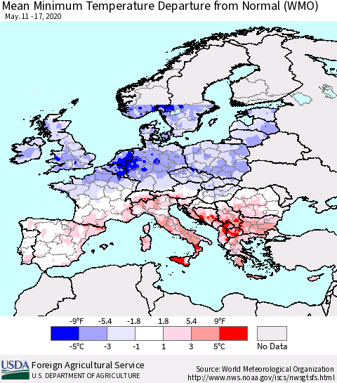 Europe Mean Minimum Temperature Departure from Normal (WMO) Thematic Map For 5/11/2020 - 5/17/2020