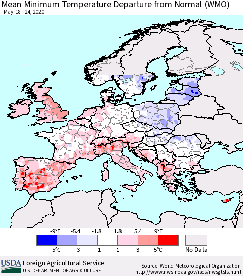 Europe Mean Minimum Temperature Departure from Normal (WMO) Thematic Map For 5/18/2020 - 5/24/2020