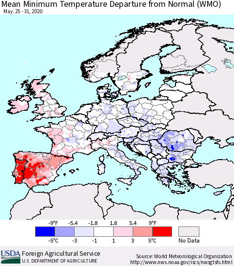 Europe Mean Minimum Temperature Departure from Normal (WMO) Thematic Map For 5/25/2020 - 5/31/2020