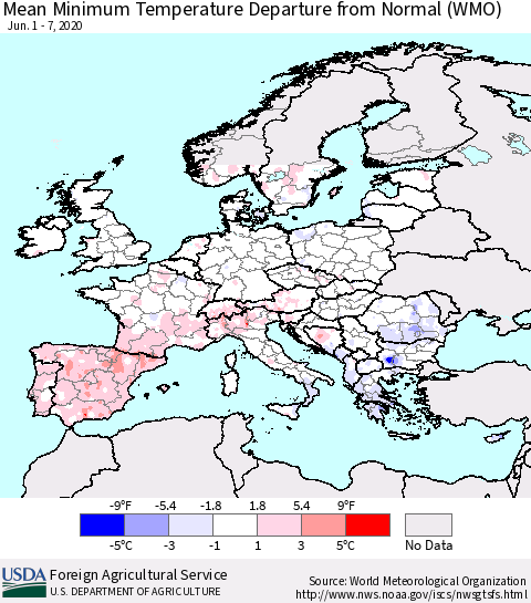 Europe Mean Minimum Temperature Departure from Normal (WMO) Thematic Map For 6/1/2020 - 6/7/2020