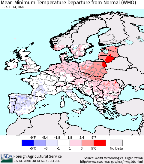 Europe Mean Minimum Temperature Departure from Normal (WMO) Thematic Map For 6/8/2020 - 6/14/2020