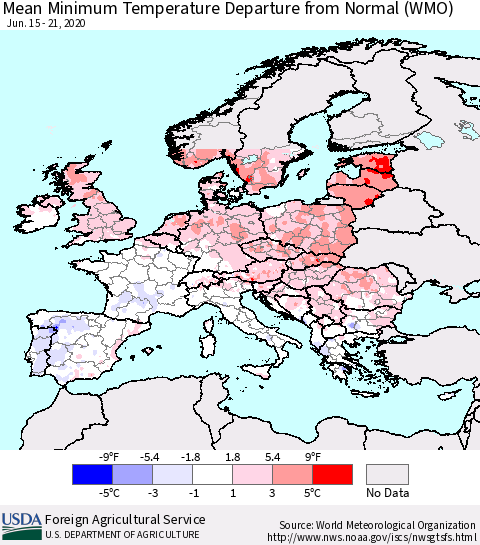 Europe Mean Minimum Temperature Departure from Normal (WMO) Thematic Map For 6/15/2020 - 6/21/2020
