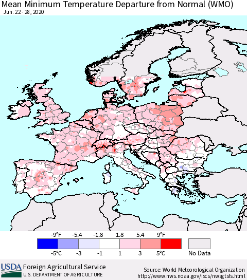 Europe Mean Minimum Temperature Departure from Normal (WMO) Thematic Map For 6/22/2020 - 6/28/2020