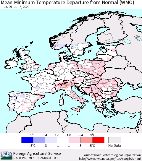 Europe Mean Minimum Temperature Departure from Normal (WMO) Thematic Map For 6/29/2020 - 7/5/2020