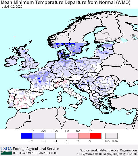 Europe Mean Minimum Temperature Departure from Normal (WMO) Thematic Map For 7/6/2020 - 7/12/2020