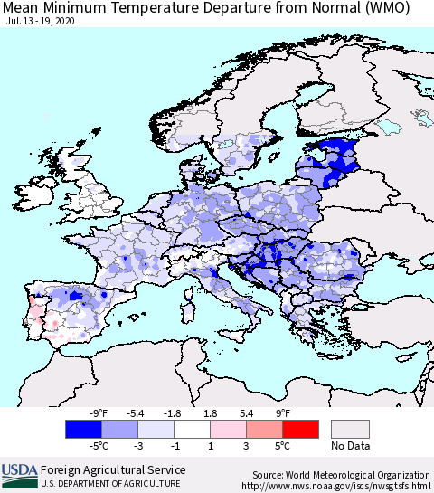 Europe Mean Minimum Temperature Departure from Normal (WMO) Thematic Map For 7/13/2020 - 7/19/2020