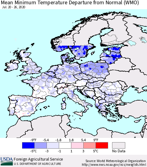 Europe Mean Minimum Temperature Departure from Normal (WMO) Thematic Map For 7/20/2020 - 7/26/2020