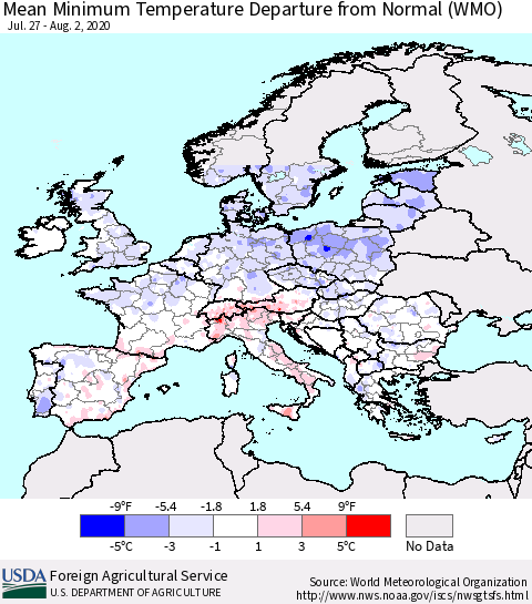 Europe Mean Minimum Temperature Departure from Normal (WMO) Thematic Map For 7/27/2020 - 8/2/2020