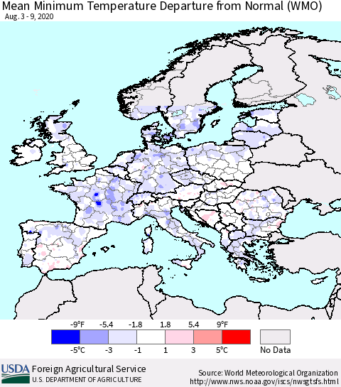 Europe Mean Minimum Temperature Departure from Normal (WMO) Thematic Map For 8/3/2020 - 8/9/2020