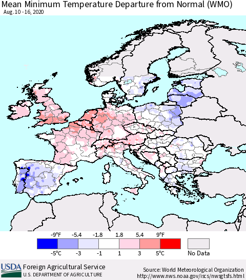 Europe Mean Minimum Temperature Departure from Normal (WMO) Thematic Map For 8/10/2020 - 8/16/2020
