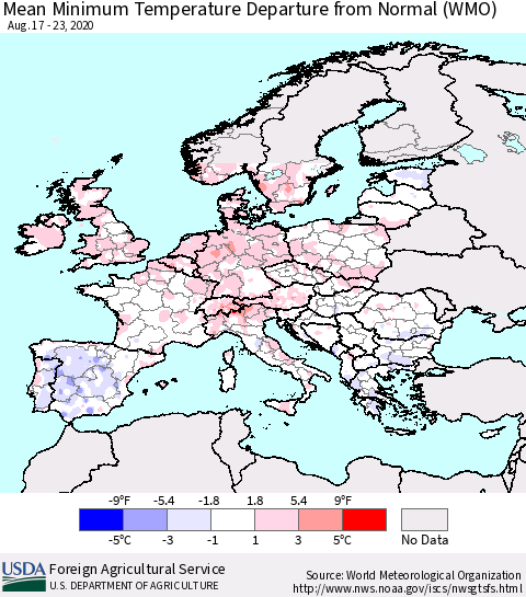 Europe Mean Minimum Temperature Departure from Normal (WMO) Thematic Map For 8/17/2020 - 8/23/2020