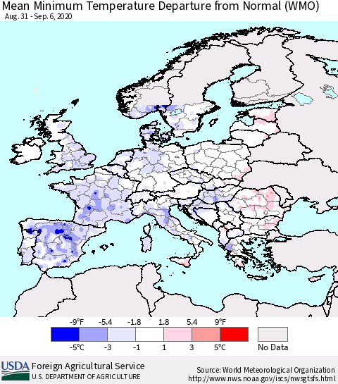 Europe Mean Minimum Temperature Departure from Normal (WMO) Thematic Map For 8/31/2020 - 9/6/2020