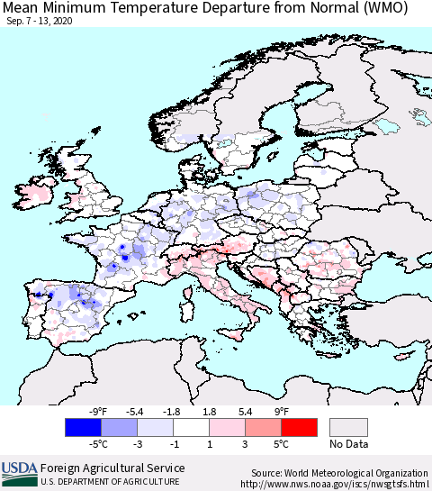 Europe Mean Minimum Temperature Departure from Normal (WMO) Thematic Map For 9/7/2020 - 9/13/2020